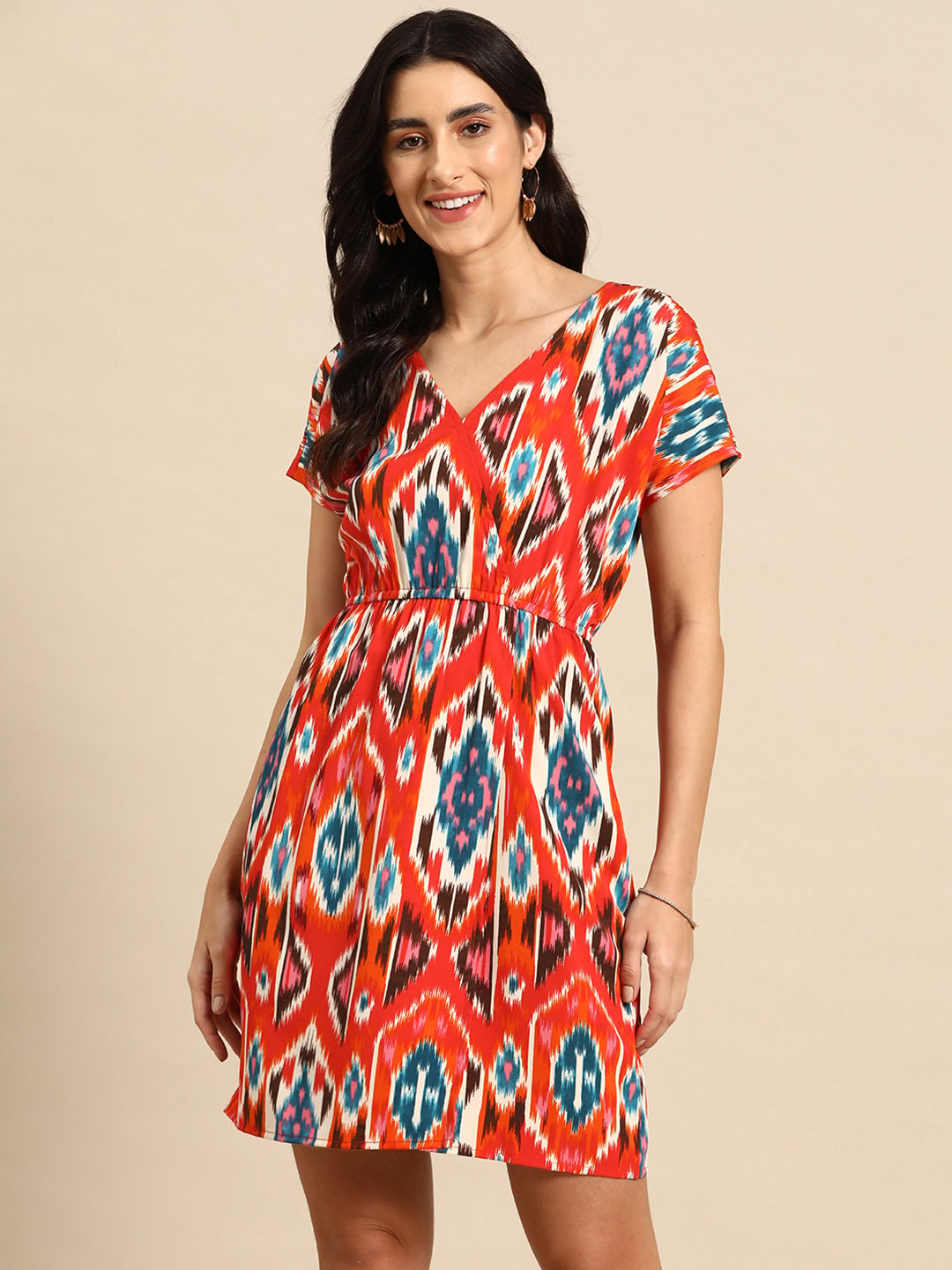 Overlap printed kimono sleeve short dress