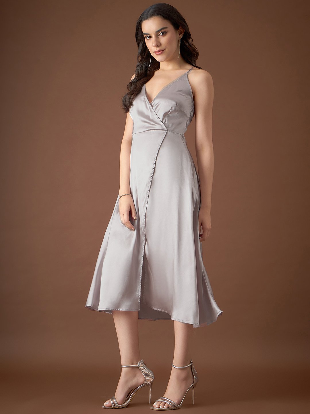 Overlap neck Flared midi Dress