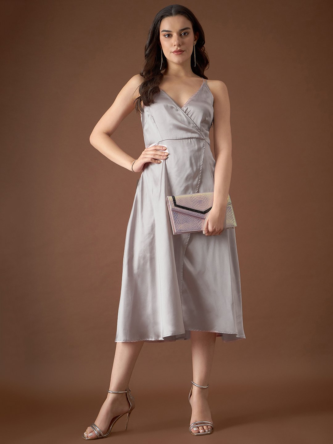 Overlap neck Flared midi Dress