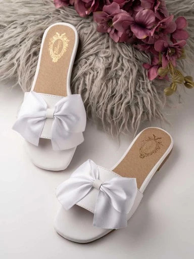 Womens & Girls White Open Toe Flats with Bows