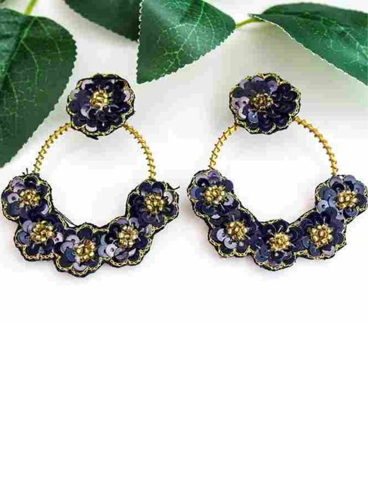 Sequined Floral Charm Detail Blue Hoops