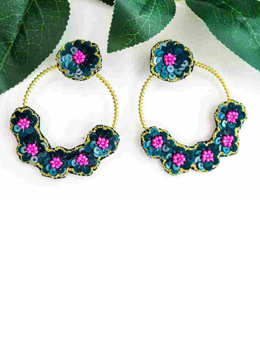 Sequined Floral Charm Detail Green Hoops