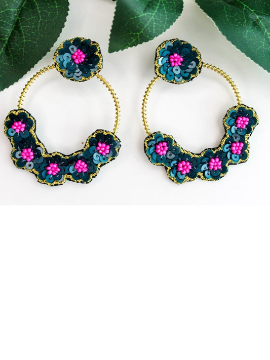 Sequined Floral Charm Detail Green Hoops