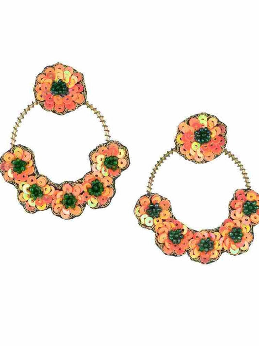 Sequined Floral Charm Detail Orange Hoops