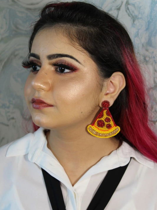 Pizza Date Yellow And Maroon Beaded Earrings