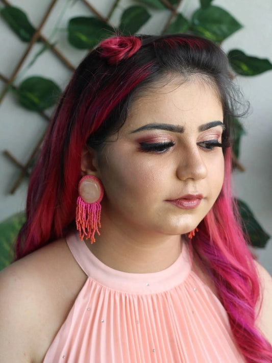 Pink And Peach Beaded Danglers Earrings