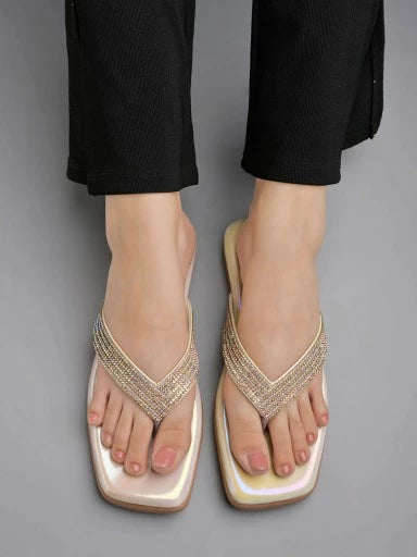 Rhinestone Décor Stylish Golden Flats For Women & Girls