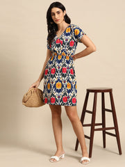 Overlap printed kimono sleeve short dress