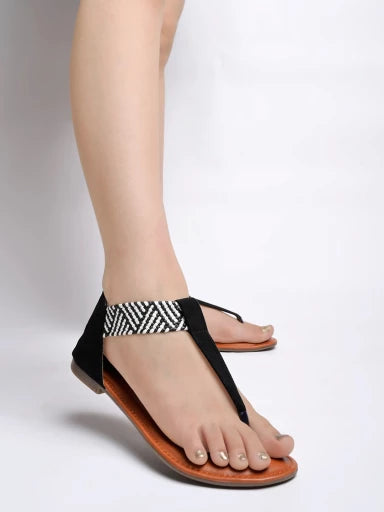 Stylish Ethnic Black Flat Sandals For Women & Girls