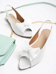 Slingback with Upper Bow Detailed White Flat Sandals For Women & Girls