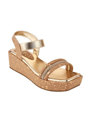 Rhinestone Detailed Copper Shiny Platform Heeled Sandals For Women & Girls