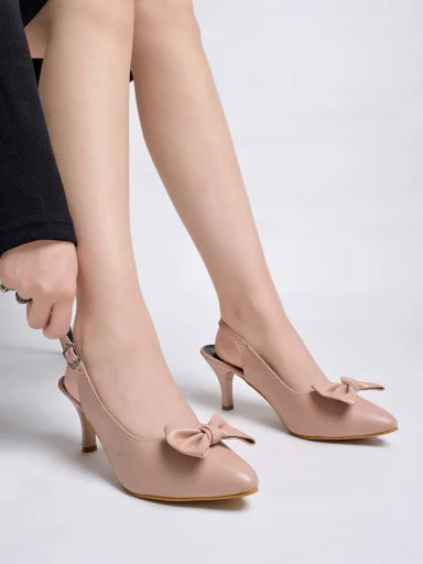 Pointed Toe and Bow Detailed Peach Pumps For Women & Girls