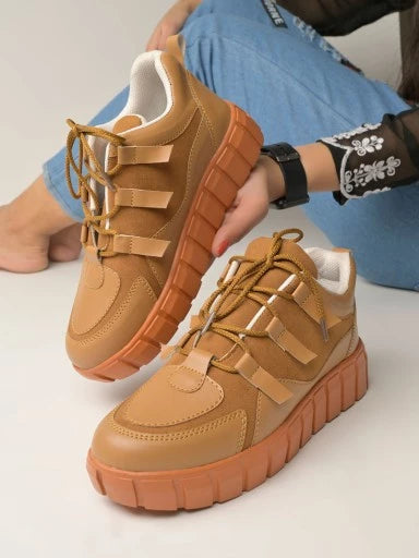 Stylish Lace-up Tan Colored Sneakers For Women & Girls