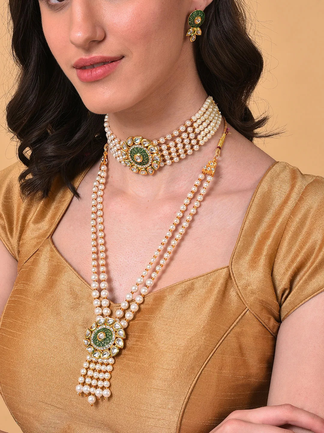 Gold Plated Pearls Necklace, Choker and Earrings