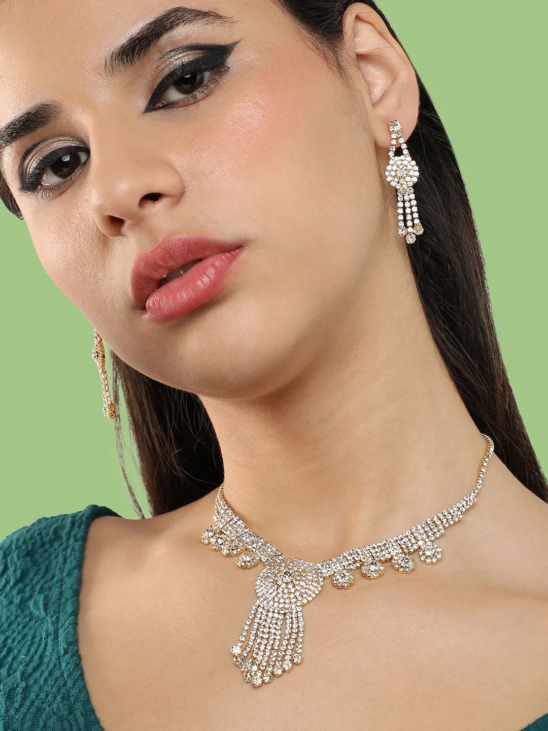 Gold Plated Party Designer Stone Necklace and Earring Set