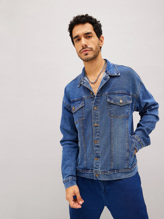 Men Blue Relax Fit Denim Jacket