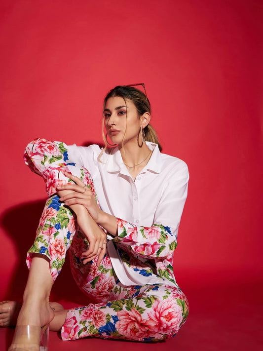 Women White Floral Oversized Shirt With Tapered Pants