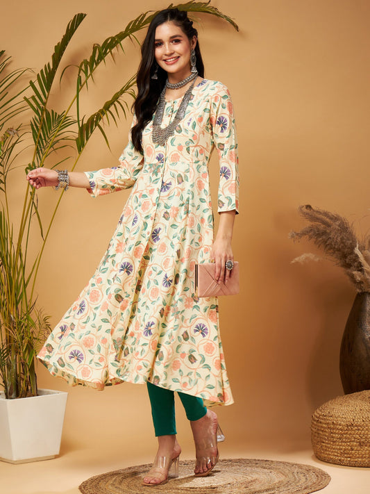 Women Beige floral Front Open Anarklai Kurta