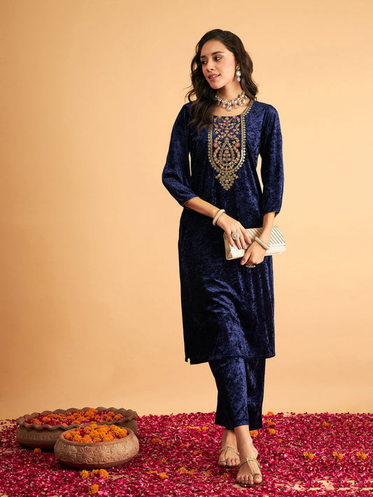 Women Navy Blue Velvet Sequence Embroidered Straight Kurta