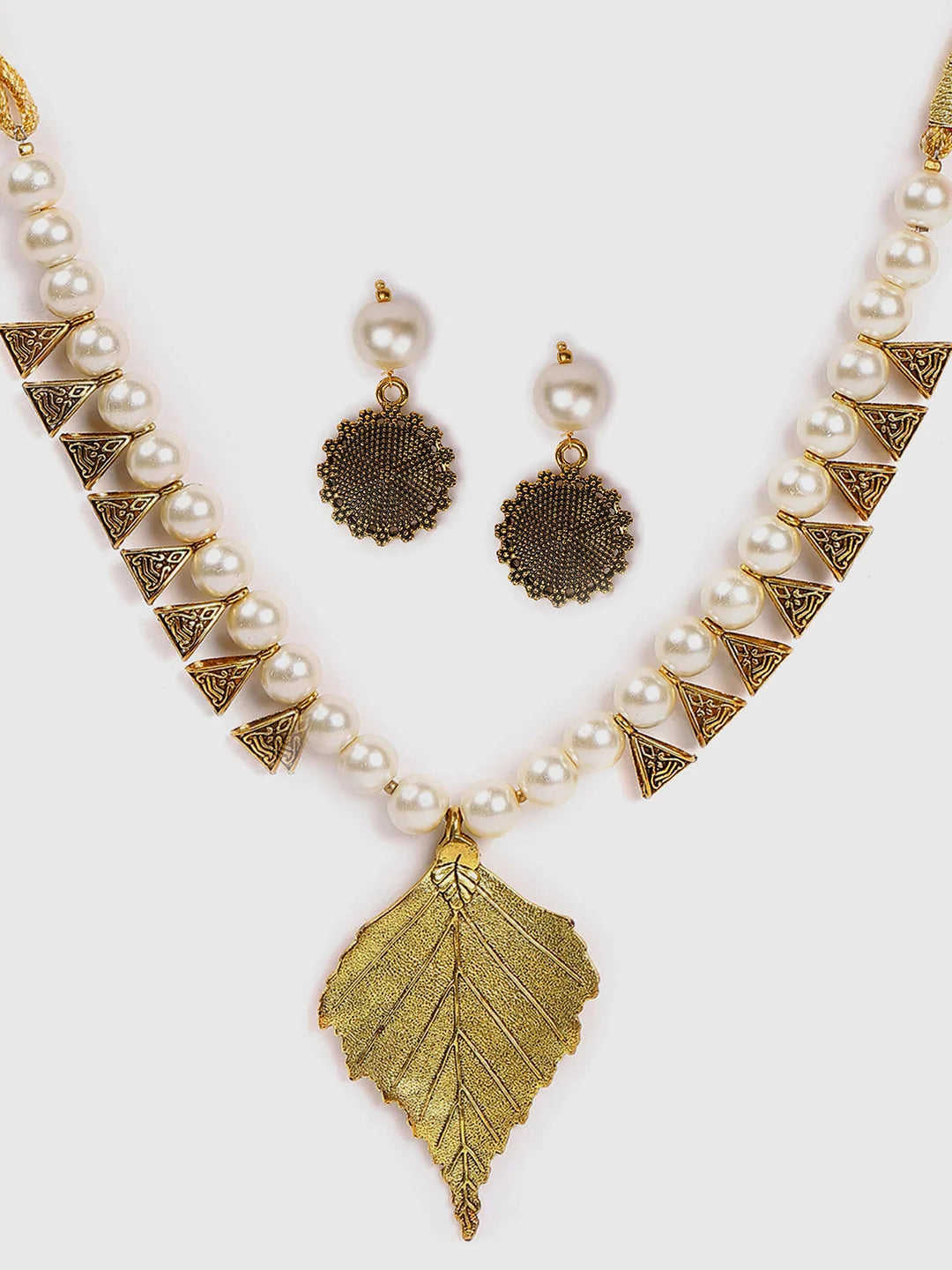 Gold-Plated Antique Leaf Loops Beaded Necklace Set