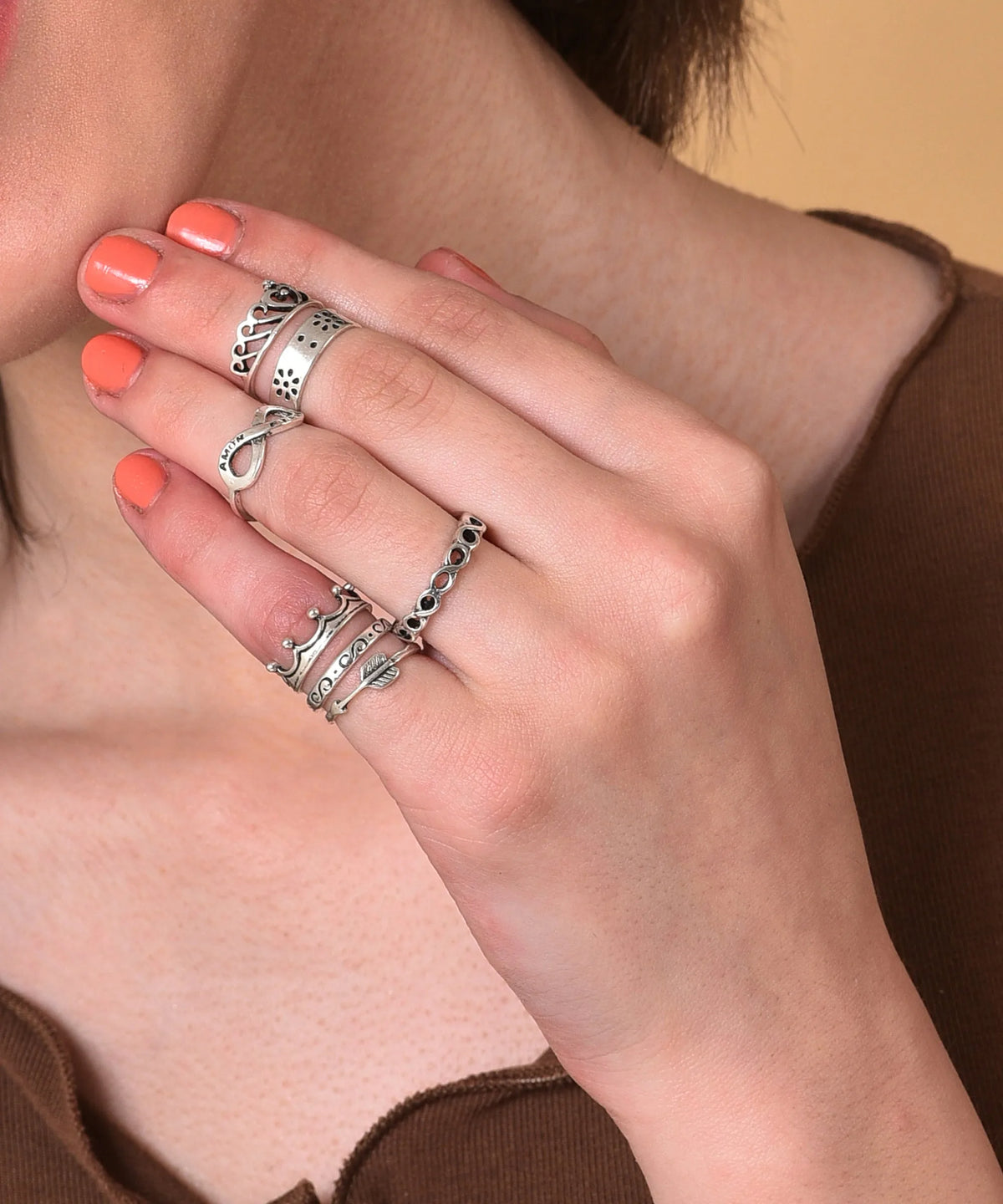 Pack of 7 Silver Plated Designer Ring