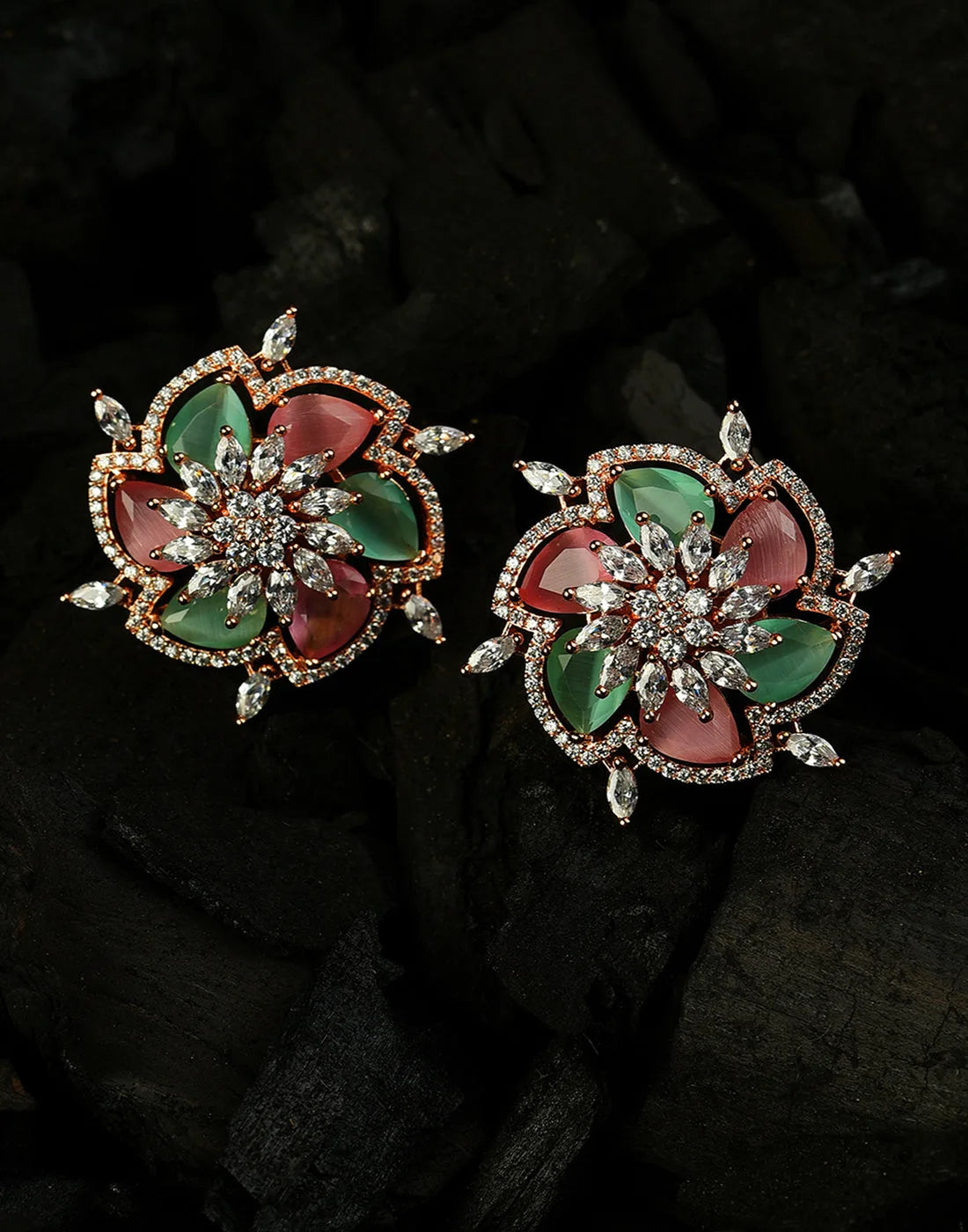 Gold Plated Stone Designer Floral Studs