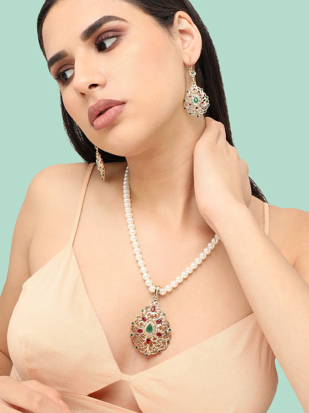 Gold Plated Pearls Party Necklace and Earring Set