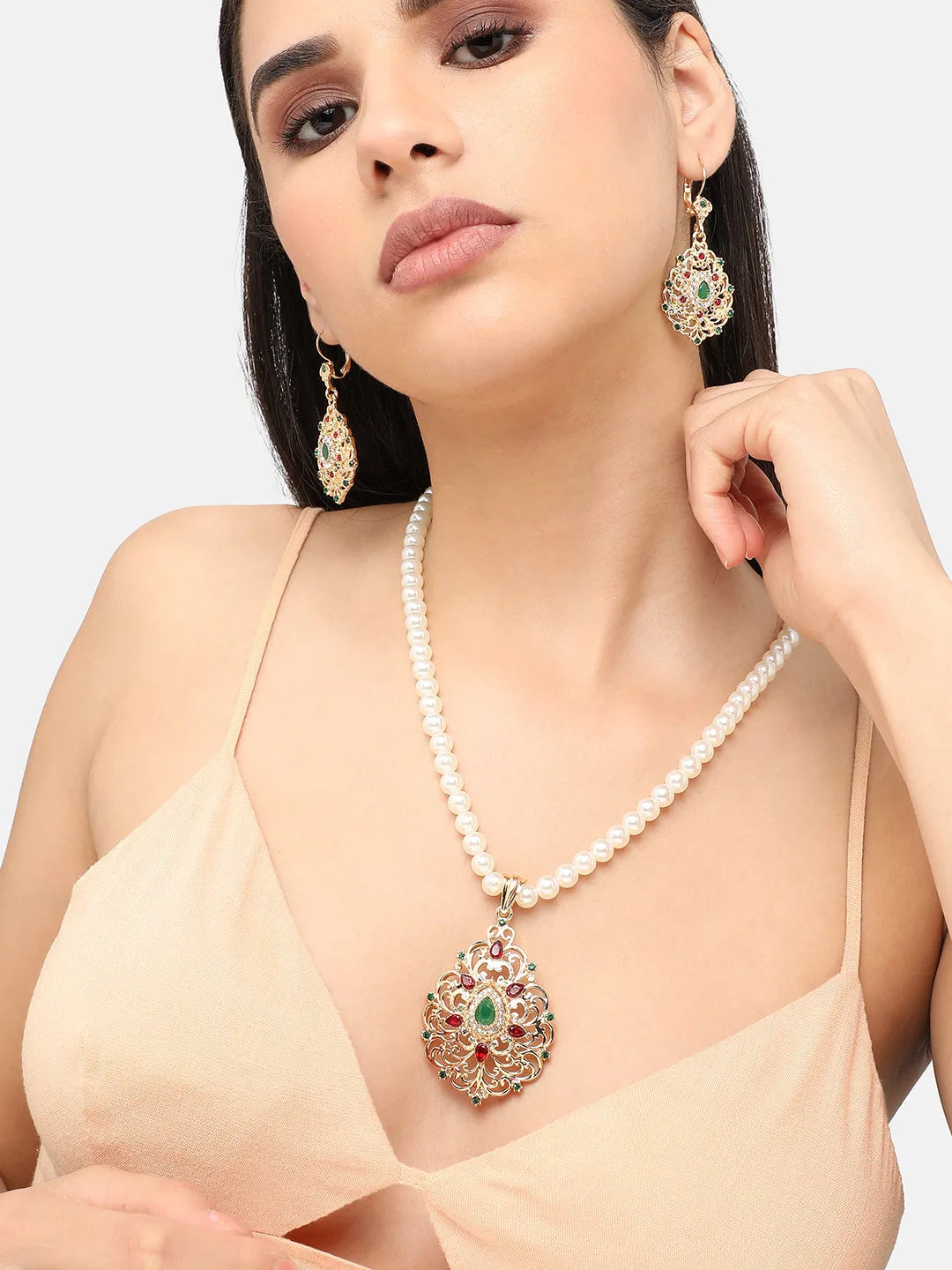 Gold Plated Pearls Party Necklace and Earring Set