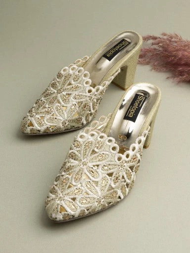 Gold-Toned Silver-Toned Embellished Ethnic Block Mules with Laser Cuts