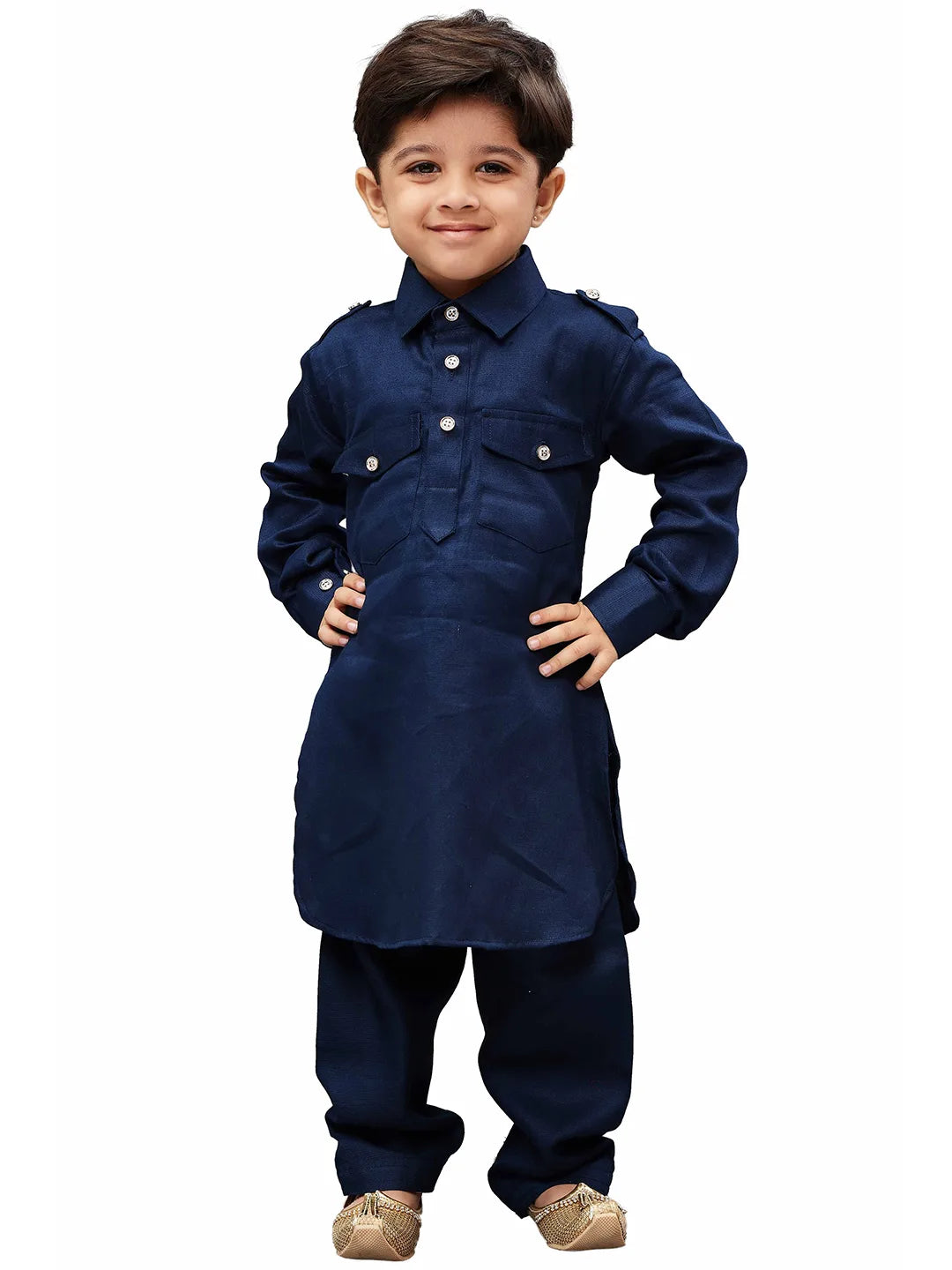 Boys' Navy Blue Cotton Pathani Kurta Set