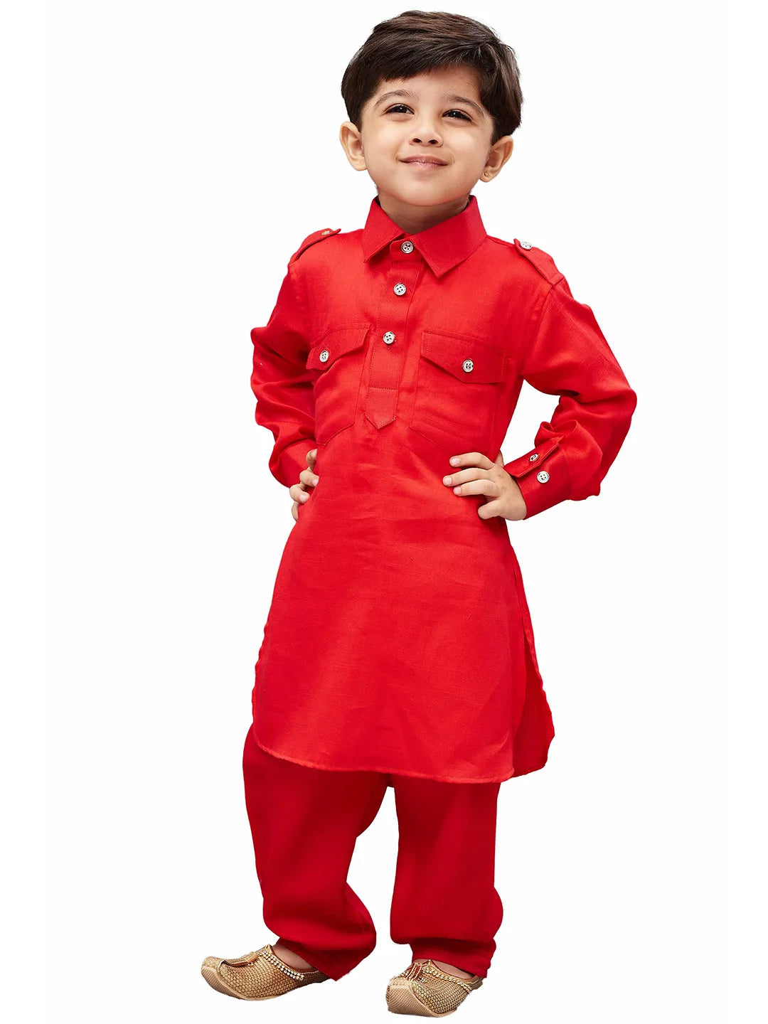 Boys' Red Cotton Pathani Kurta Set