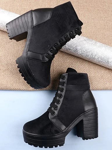 Womens & Girls Black Solid Heeled Boots