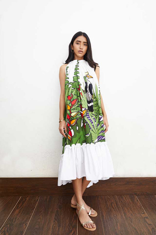 Garden print pleated long dress