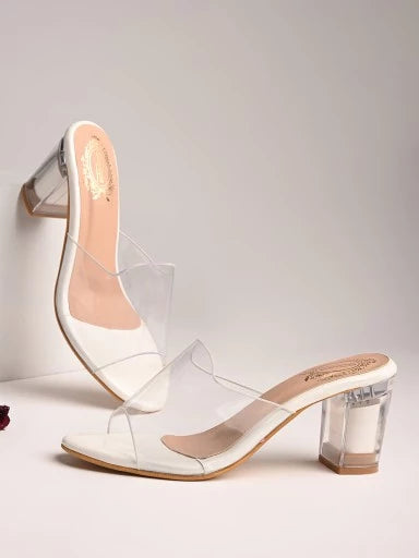 Womens & Girls White Transparent Solid Block Heels