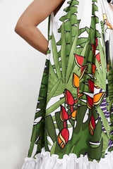 Garden print pleated long dress