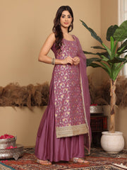 Varanga - Women Pink Brocade Strap Sleeves Kurta With Sharara And Dupatta