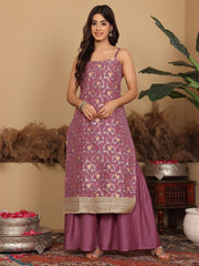 Varanga - Women Pink Brocade Strap Sleeves Kurta With Sharara And Dupatta