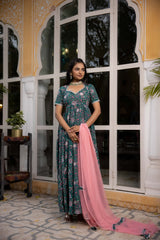 DEASHA INDIAGULMINA DARK GREEN FLORAL PRINTED COTTON ANARKALI SET