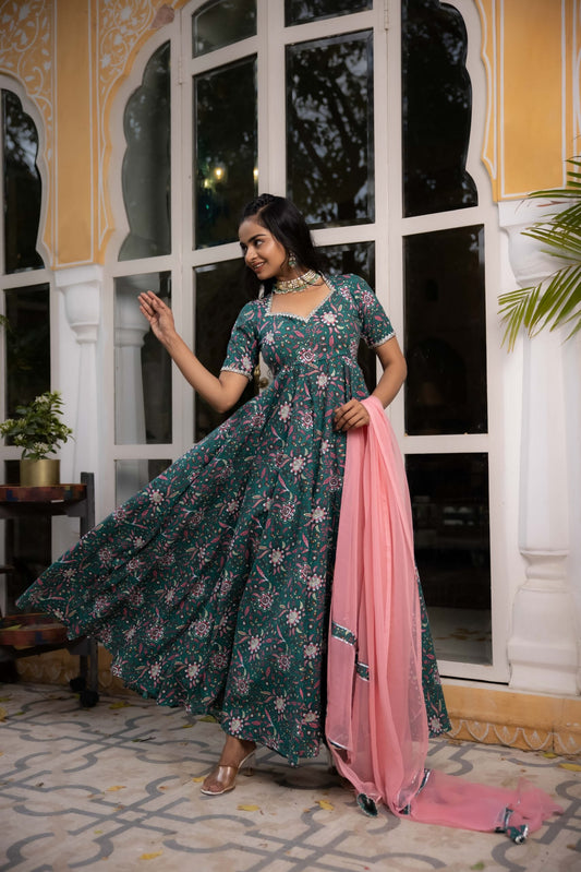 DEASHA INDIAGULMINA DARK GREEN FLORAL PRINTED COTTON ANARKALI SET