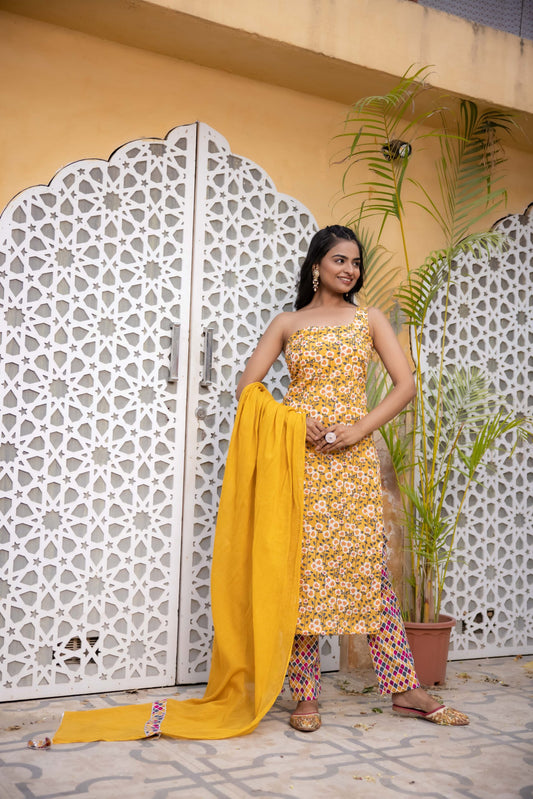 EMAYA YELLOW ONE OFF SHOULDER STRAIGHT COTTON KURTI SET