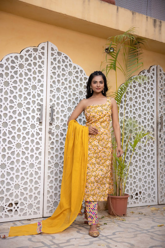 EMAYA YELLOW ONE OFF SHOULDER STRAIGHT COTTON KURTI SET