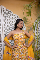 EMAYA YELLOW ONE OFF SHOULDER STRAIGHT COTTON KURTI SET