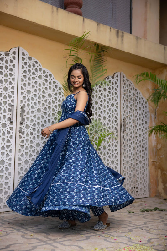 ARNA INDIGO BLUE COTTON ANARKALI SET