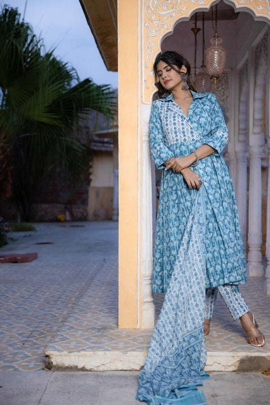 MEERAB COTTON FORMAL BLUE KURTA SET