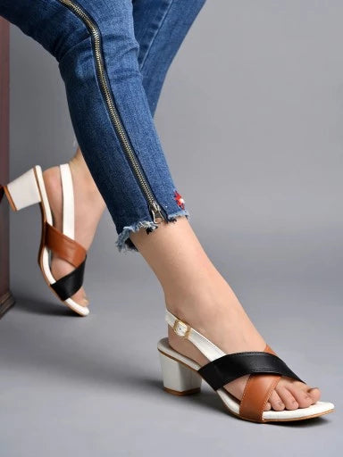 Stylish Cross-Strap Casual White Block Heeled Sandals For Women & Girls