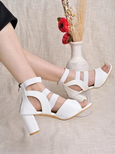 Shoetopia Strappy White Heeled Sandals For Women & Girls