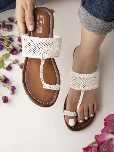 Womens & Girls White Woven Design One Toe Flats