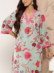 Women Sea Green Floral Printed Straight Kurta With 3/4Th Bell Sleeve.