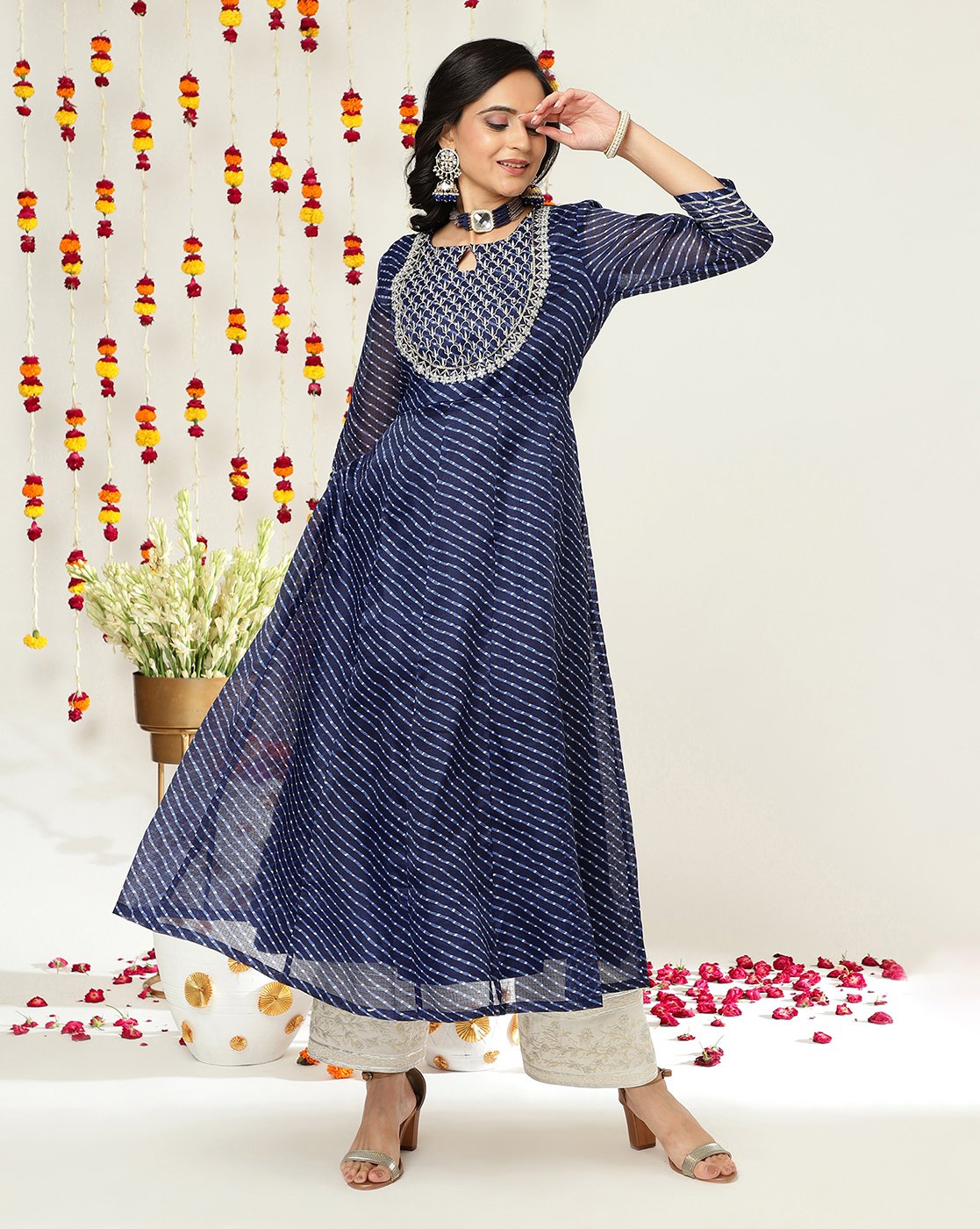 Women Blue Lehariya Printed Anarkali Emroidered Kurta