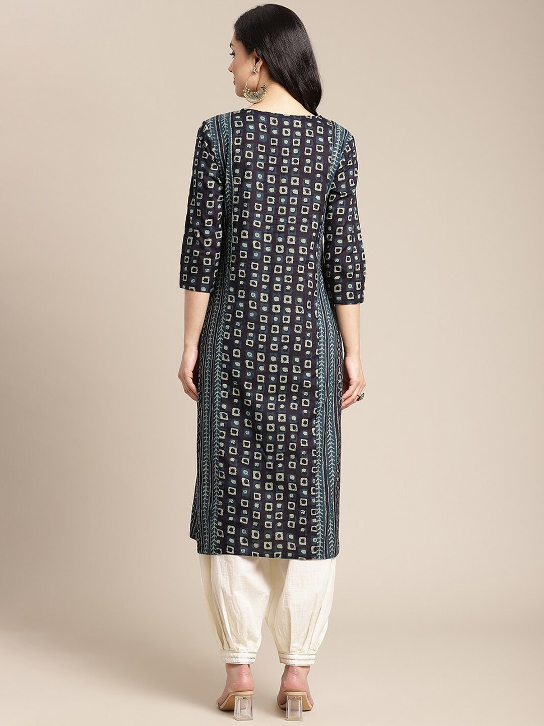 women Round Neck Navy Blue Geometric Printed Kurta With Princess Panel - 3XL